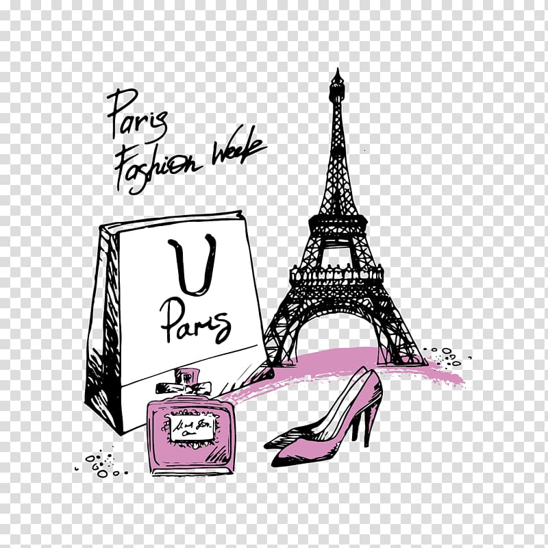 Eifel tower, Paris illustration, Paris Fashion Week Drawing, Shoes, perfume and construction transparent background PNG clipart
