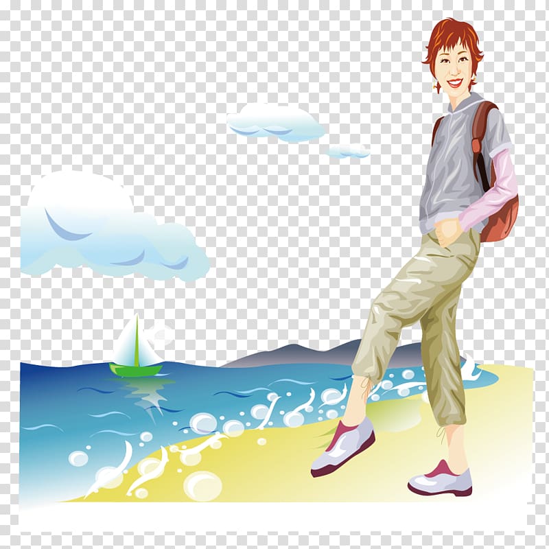 Euclidean Cartoon Illustration, Beach woman with short hair transparent background PNG clipart