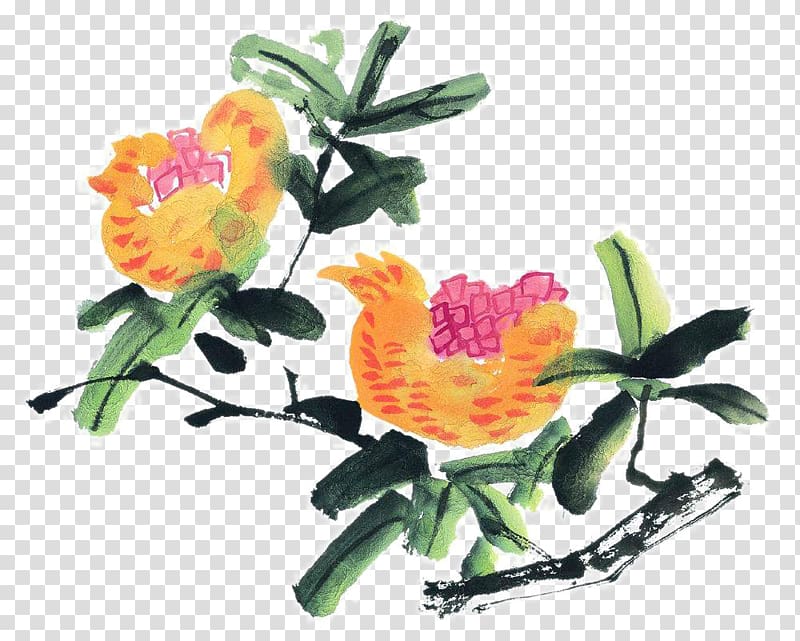 Floral design Ink wash painting Chinese painting, Pomegranate Aquarene transparent background PNG clipart