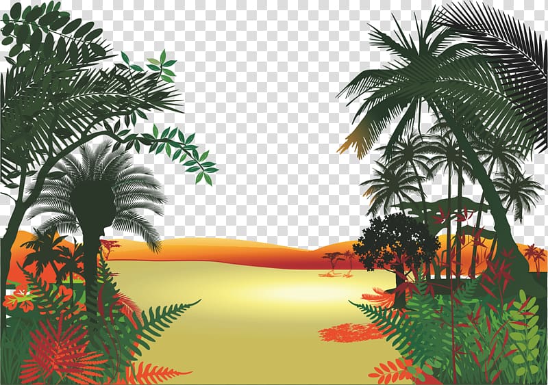 palm trees, mountain and body of water illustration, Jungle Cartoon , Tropical jungle transparent background PNG clipart