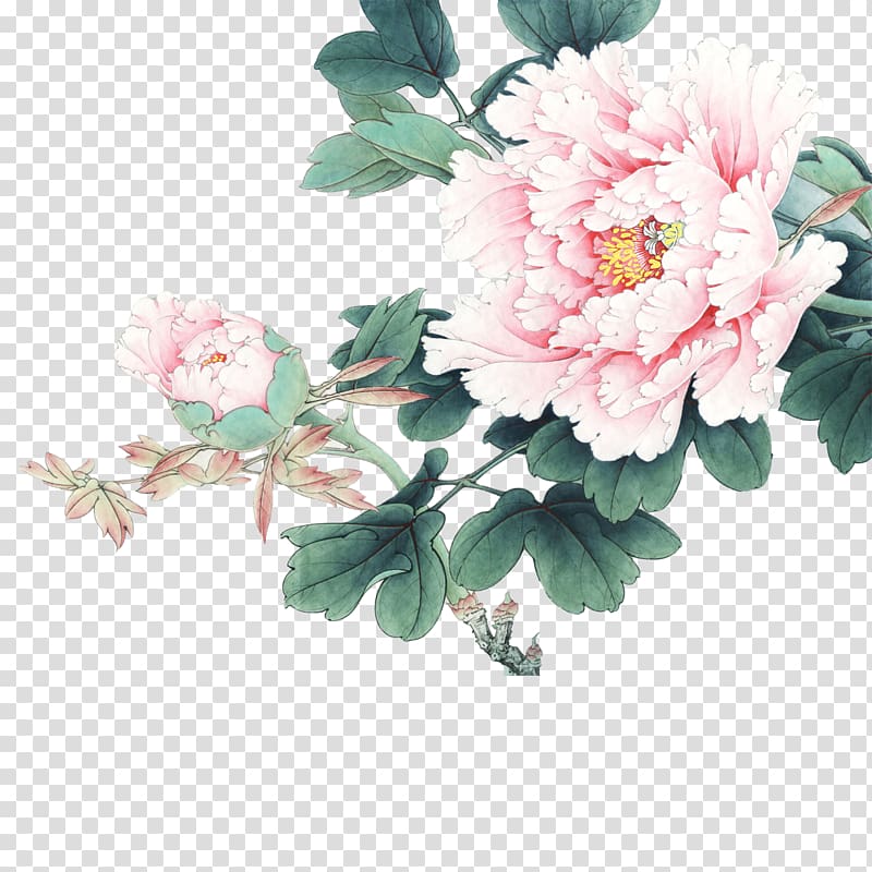 pink peony flowers illustration, Gongbi Moutan peony Chinese painting Inkstick, peony transparent background PNG clipart