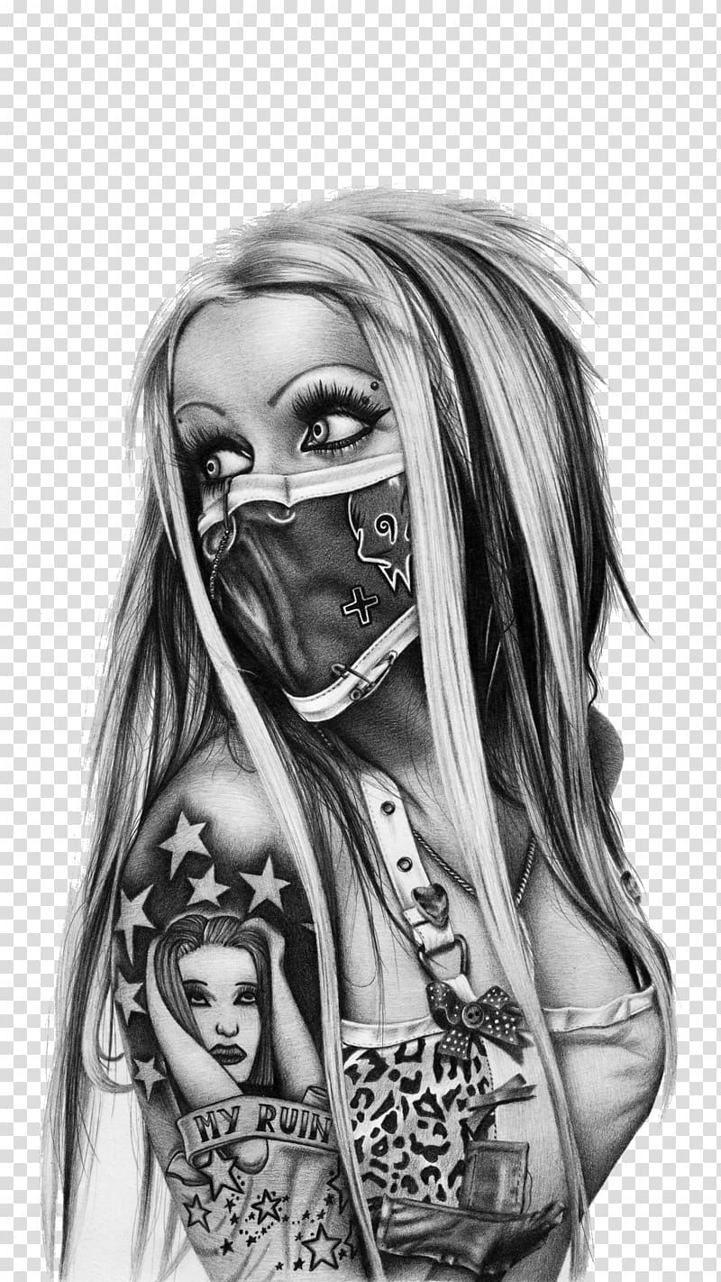 woman wearing half-face mask illustration, Old school (tattoo) Black-and-gray Drawing Chicano, Thug Life transparent background PNG clipart