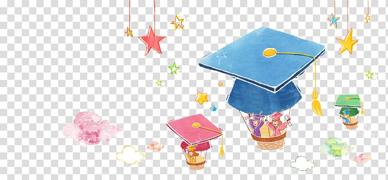 three green, blue, and pink mortar board with baskets illustration, Graduation ceremony Doctorate Cartoon Academic certificate Illustration, Cartoon book transparent background PNG clipart