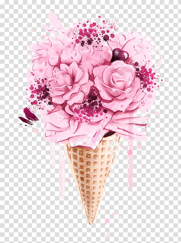 pink rose flower arrangement with cone , Ice cream Iced coffee Flower bouquet Milk, subshrubby peony flower transparent background PNG clipart