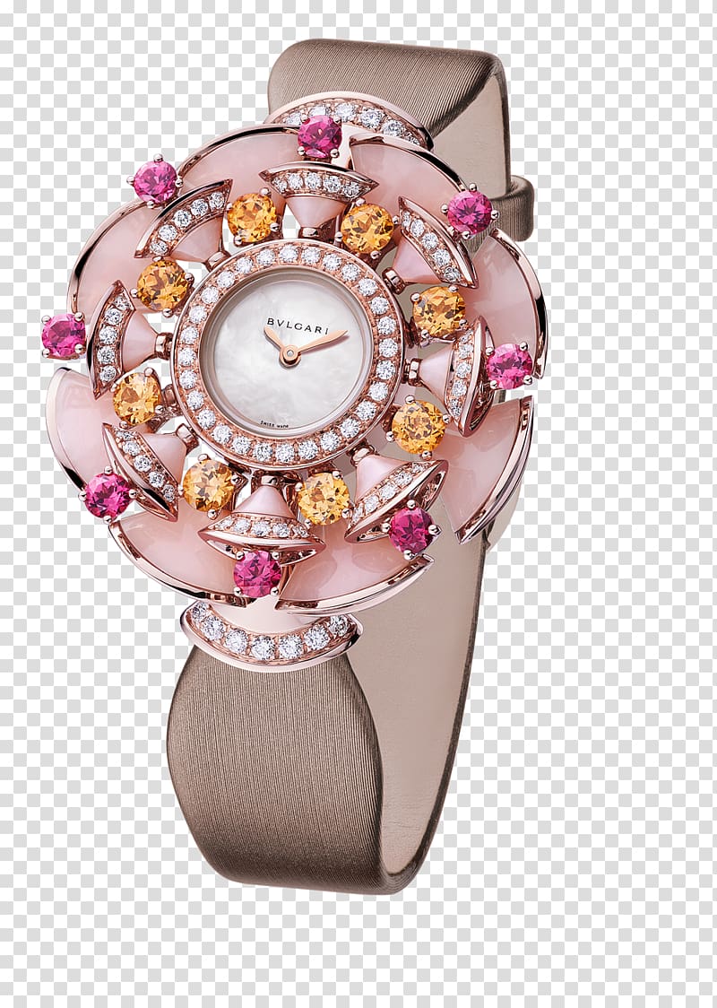 Earring Bulgari Jewellery Bracelet, Bulgari pink diamond flower wrist watches female form transparent background PNG clipart