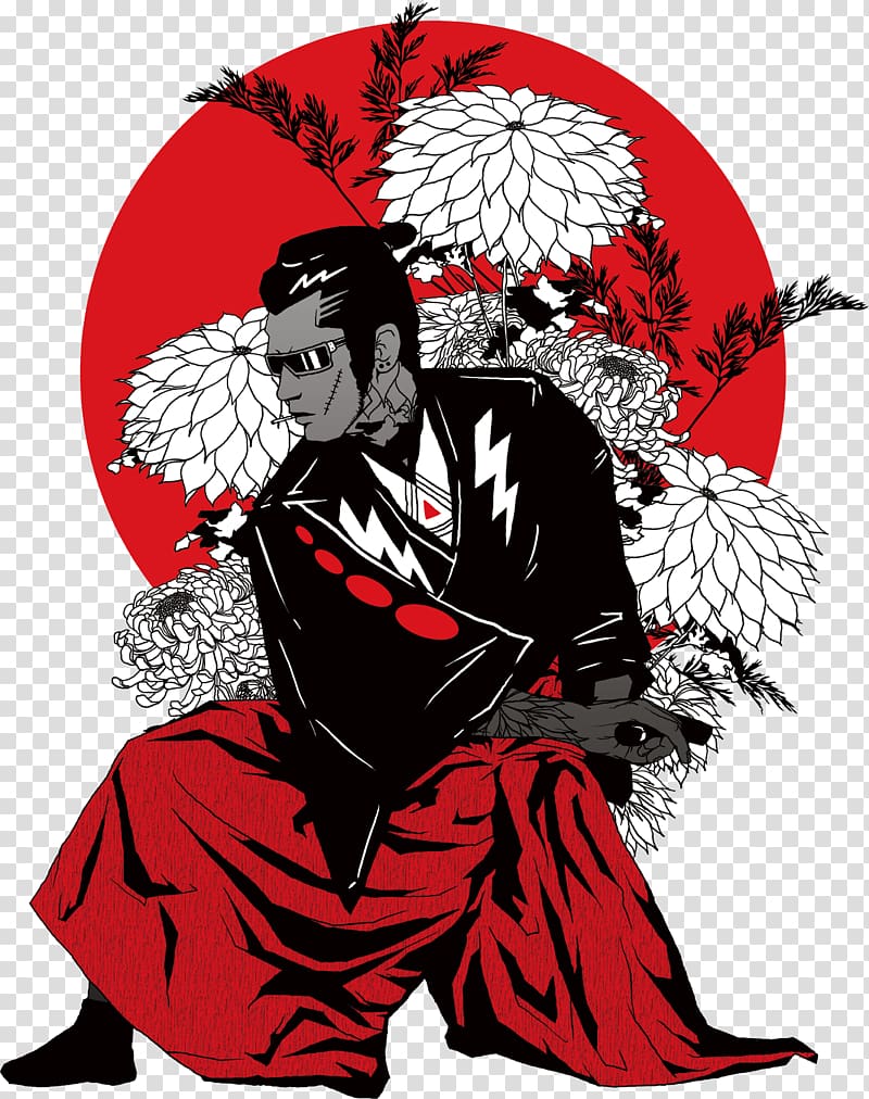 black-haired samurai illustration, Long-sleeved T-shirt Clothing, Japanese samurai color transparent background PNG clipart