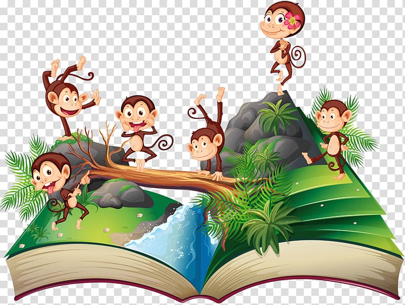 Pop-up book Illustration, Monkey on the books transparent background PNG clipart