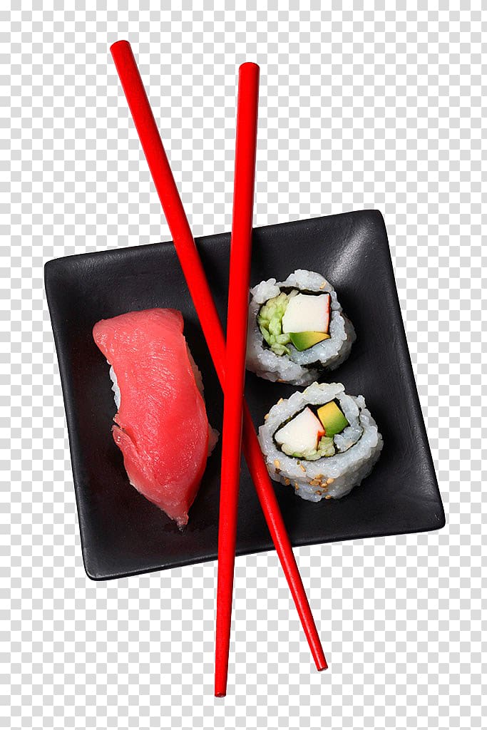 sushi in black steel plate, Sushi California roll Sashimi Makizushi Gimbap, Sushi transparent background PNG clipart