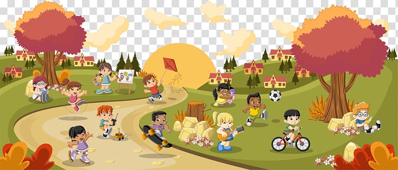 group of children playing outside , Cartoon Child Play, amusement park transparent background PNG clipart