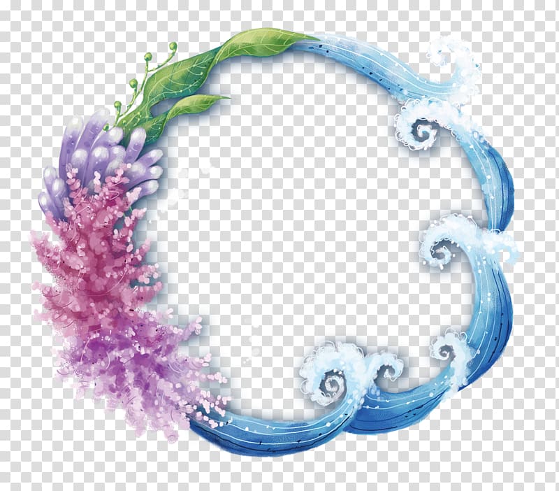 round nature frame, Ocean Wind wave Clownfish, water,flower transparent background PNG clipart