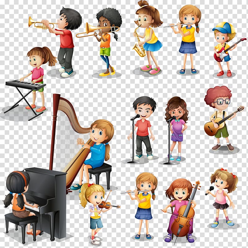 children playing musical instruments illustration, Musical instrument Play Child Illustration, Many kids play different instruments transparent background PNG clipart