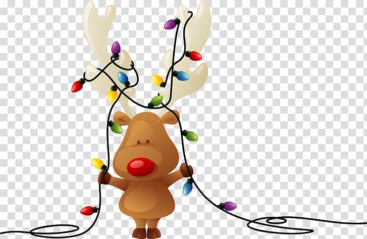 moose holding string lights , Rudolph Reindeer Santa Claus Christmas card, Christmas Lights Best transparent background PNG clipart