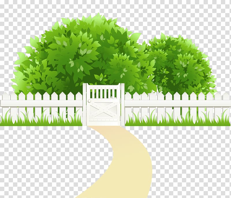 Clipping path , Path with Fence and Trees , green leafed bush near fence illustration transparent background PNG clipart