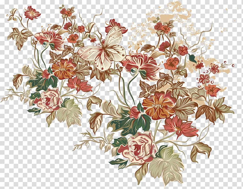 red and green flowers and butterflies , Paper , Japanese classic pattern transparent background PNG clipart