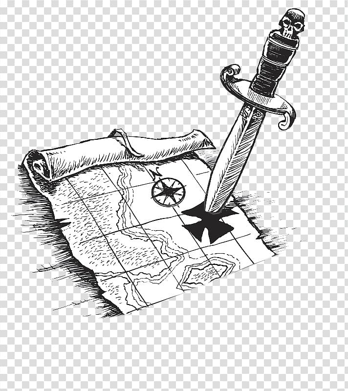 Piracy Treasure map Drawing Illustration, A sharp edged knife stuck in the target transparent background PNG clipart