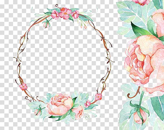 Wedding invitation Paper Watercolour Flowers frame, Circular border, pink and green floral crown transparent background PNG clipart
