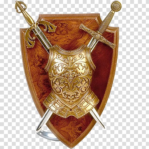 gold-colored armor and two sword , Middle Ages Knight Shield Sword, Medieval sword and shield transparent background PNG clipart