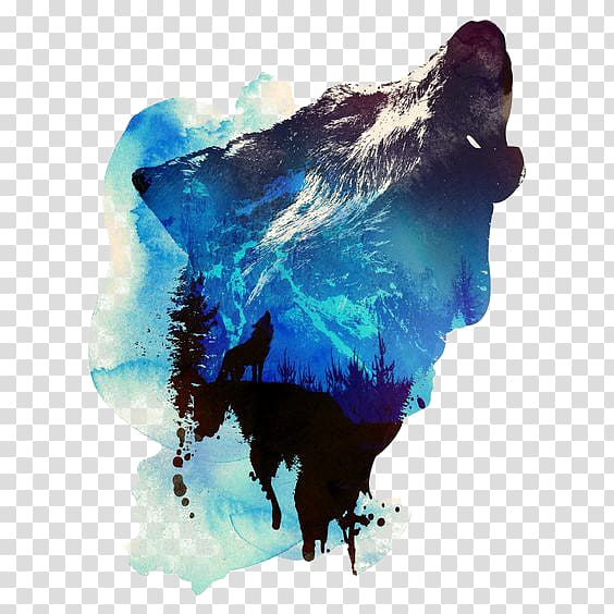 brown and blue mountain illustration, Gray wolf Art Printmaking Poster Printing, Wolf transparent background PNG clipart