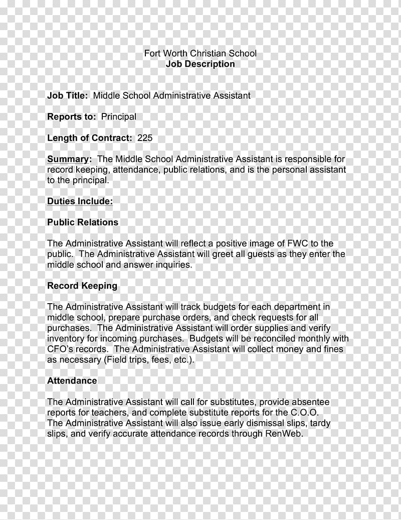 Administrative assistant Résumé Job description Personal assistant Business administration, job description transparent background PNG clipart