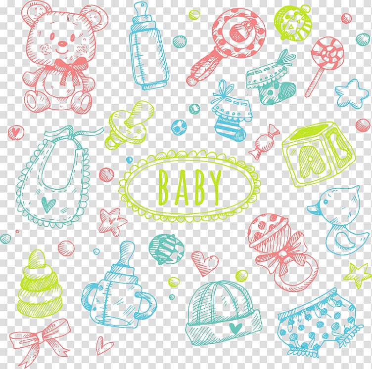 yellow, pink, and green baby illustration, Toy Infant Drawing , Hand drawn sketch baby toys transparent background PNG clipart