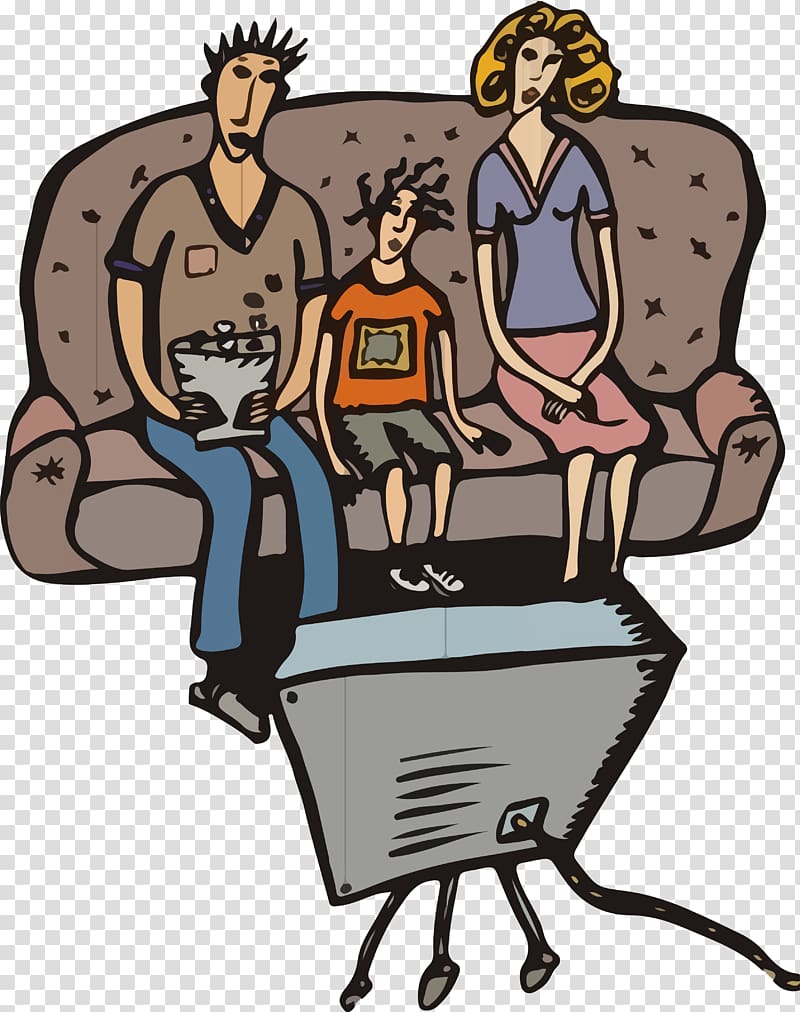 Television Cartoon Illustration, Cartoon a family of three to watch TV illustrations transparent background PNG clipart