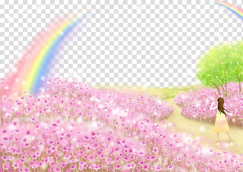 pink flower field illustration, Cartoon Fairy tale Illustration, Rainbow flowers transparent background PNG clipart