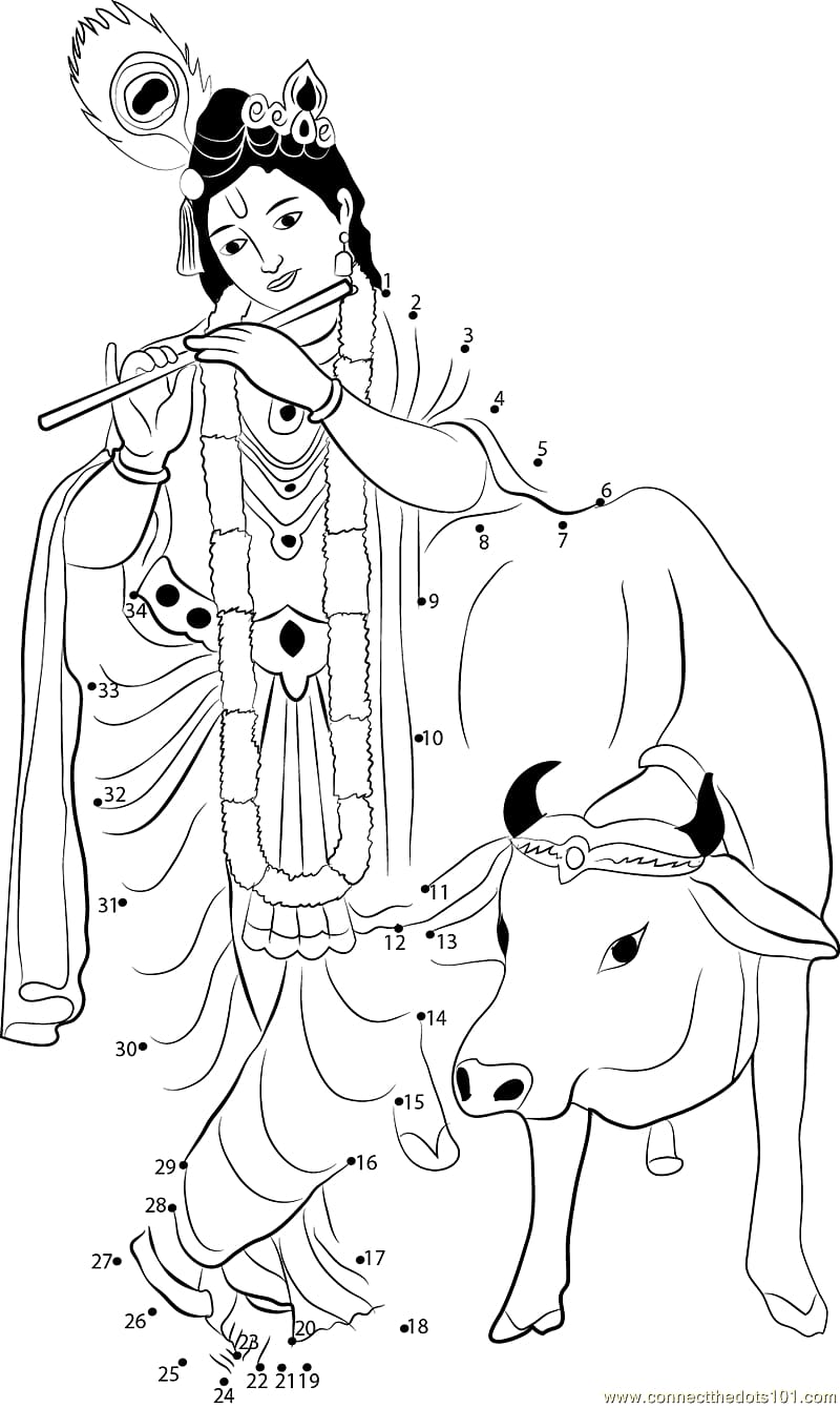 Image of Drawing Or Sketch Of Lord Krishna Standing With Flute And Back Of  His Cows-TW741580-Picxy