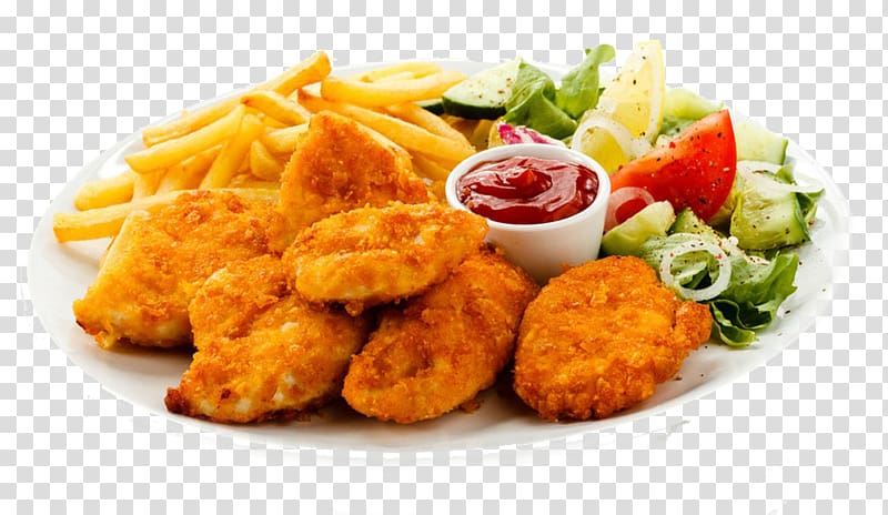 fried meat dish and potato fries in plate, Chicken nugget French fries Chicken fingers Fried chicken Roast chicken, Chicken nuggets combination transparent background PNG clipart