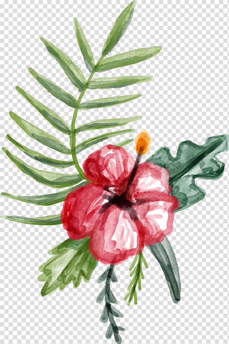 red, white, and green flower painting, Flower Watercolor painting Euclidean Floral design, Watercolor red flower transparent background PNG clipart