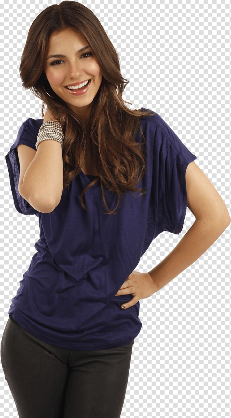 woman wearing blue shirt and black bottoms, Victoria Justice Smiling transparent background PNG clipart