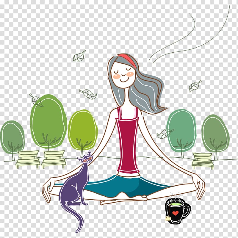 woman meditating with cat , Meditation Happiness, Hand drawn yoga beauty transparent background PNG clipart
