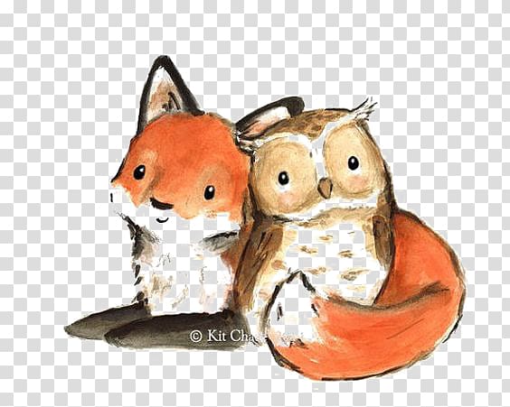 red fox and brown owl , Owls and Owlets Bird Fox Drawing, Fox and Owl transparent background PNG clipart