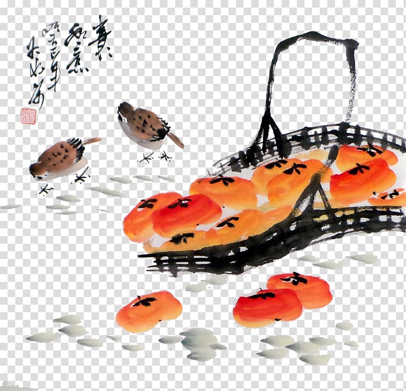 Chinese painting Bird-and-flower painting Gongbi Japanese Persimmon, A basket of persimmon transparent background PNG clipart