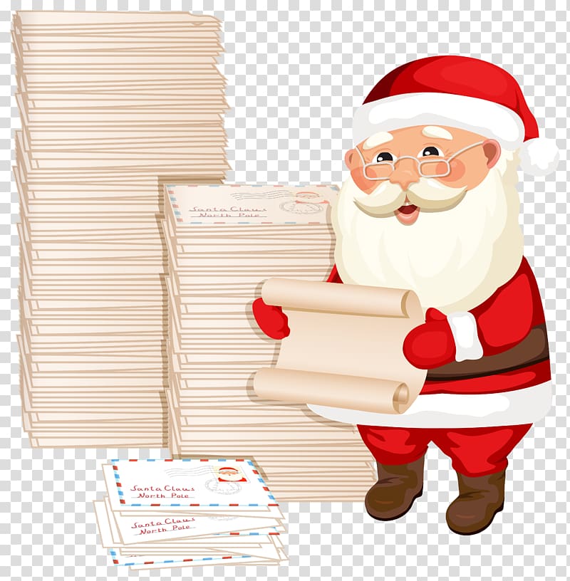 Santa Claus reading pad artwork, Santa Claus Gift Reading Illustration, Santa Claus with Letters transparent background PNG clipart