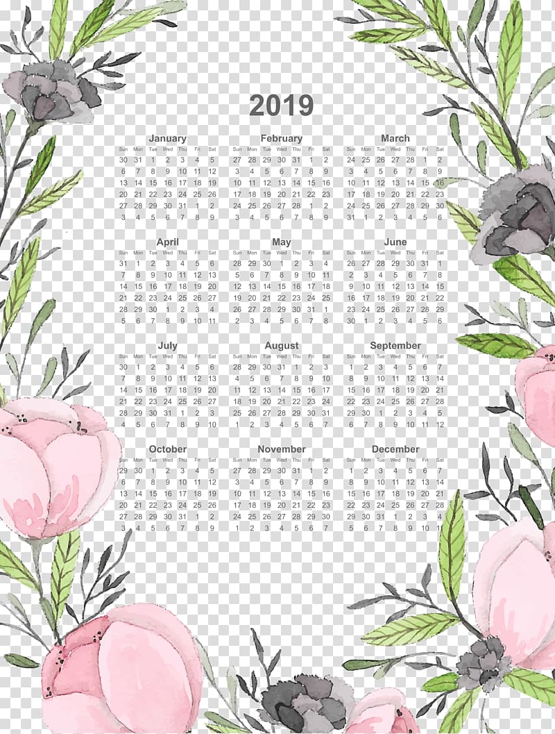 2019 calendar full page with watercolor flowers.pn, others transparent background PNG clipart