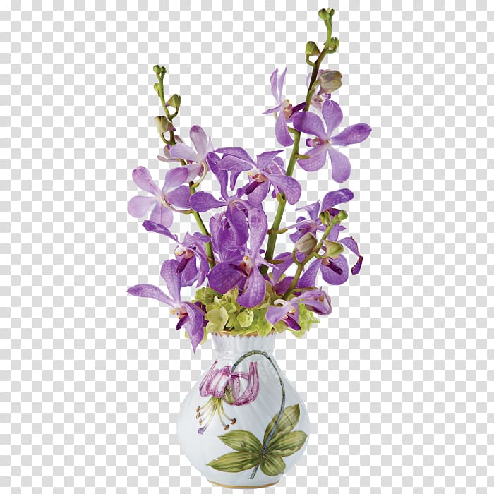 purple orchids in white, green, and pink floral ceramic vase, Vase Flower Purple Floral design Lavender, flower vase transparent background PNG clipart