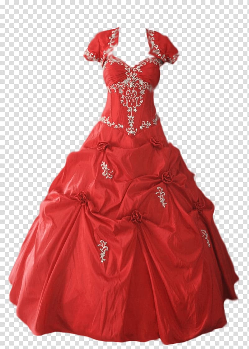 women's red and gold floral Queen Anne neckline ballgown, Dress Red Party transparent background PNG clipart