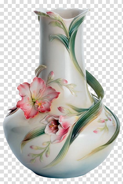 white and pink floral ceramic vase, Vase Franz-porcelains Painting Ceramic, vase transparent background PNG clipart