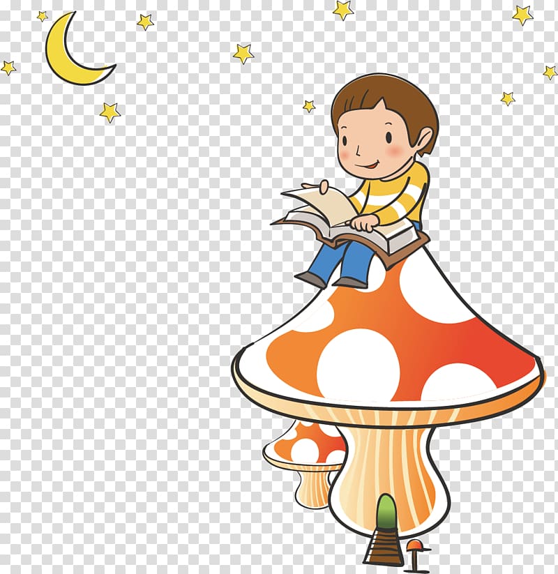 Reading, Sitting little boy reading a book on mushrooms transparent background PNG clipart