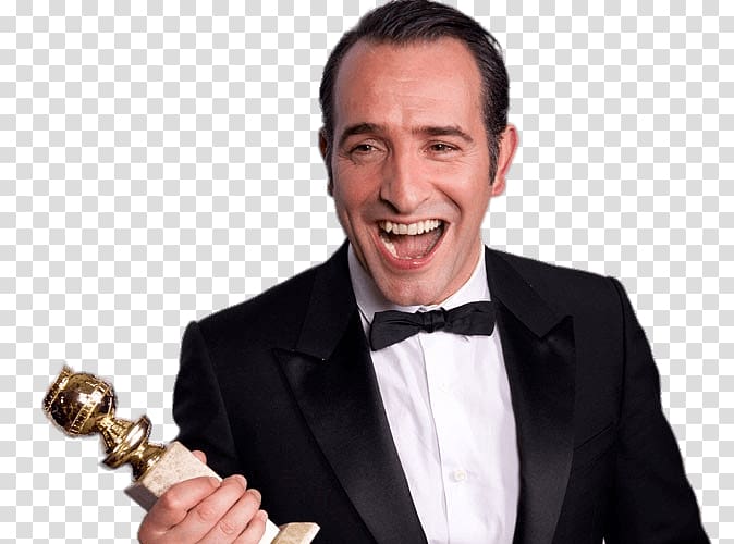 man holding gold trophy, Jean Dujardin Golden Globe transparent background PNG clipart