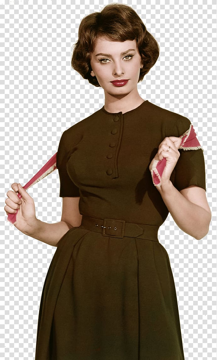 woman wearing brown crew-neck dress, Sophia Loren Standing transparent background PNG clipart