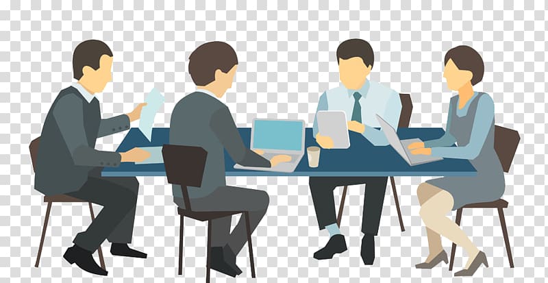 group of people in front of table illustration, Meeting Desk Illustration, Business people meeting transparent background PNG clipart