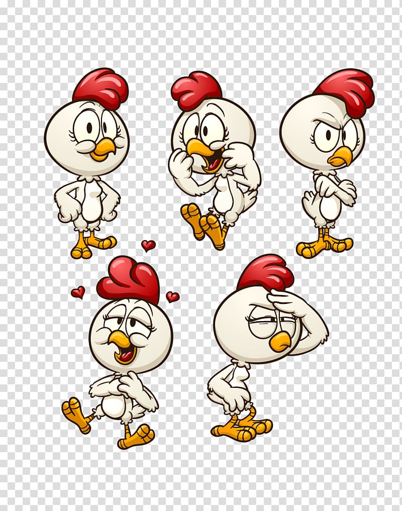 five white chickens illustration, Chicken Cartoon Illustration, chicken transparent background PNG clipart