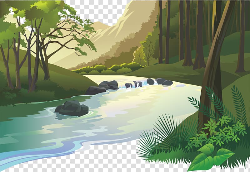 river and forest illustration, Natural landscape Cartoon Nature, Wilderness mountain stream background transparent background PNG clipart
