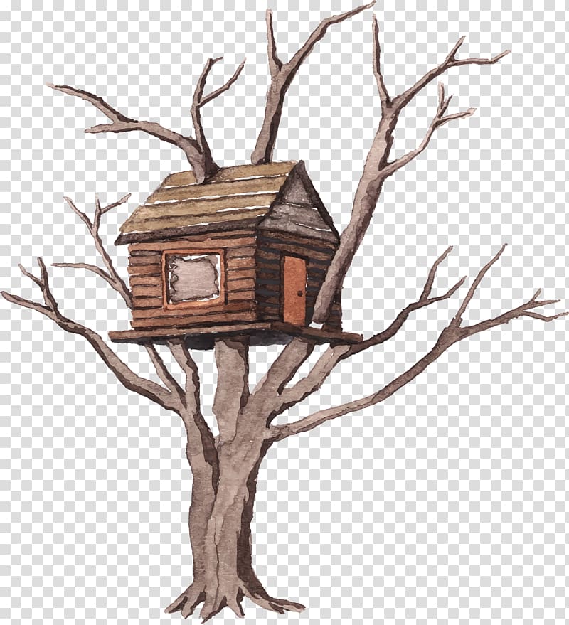 Tree Watercolor painting Illustration, Building log cabin transparent background PNG clipart