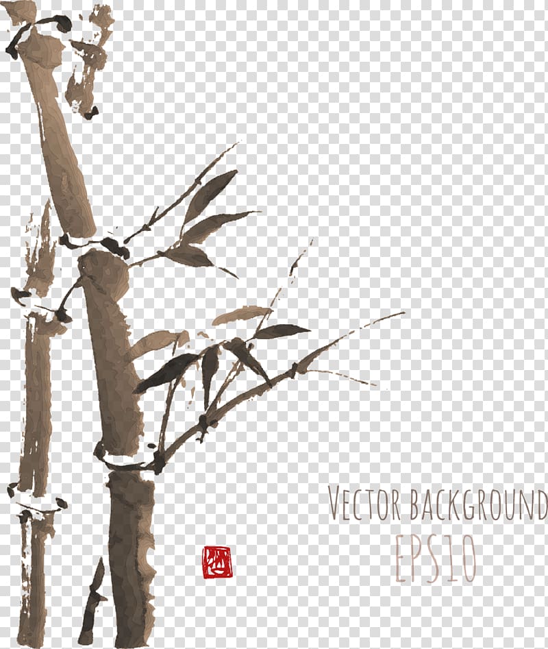 bamboo painting with text overlay, Japanese painting Ink wash painting, Brown Bamboo transparent background PNG clipart