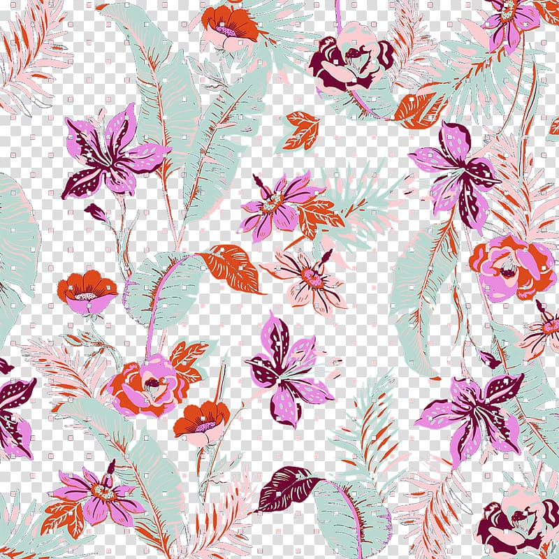 purple lilies and poppy flowers with banana leaves art, Floral design Textile Flower Pattern, Textile fabric floral patterns transparent background PNG clipart
