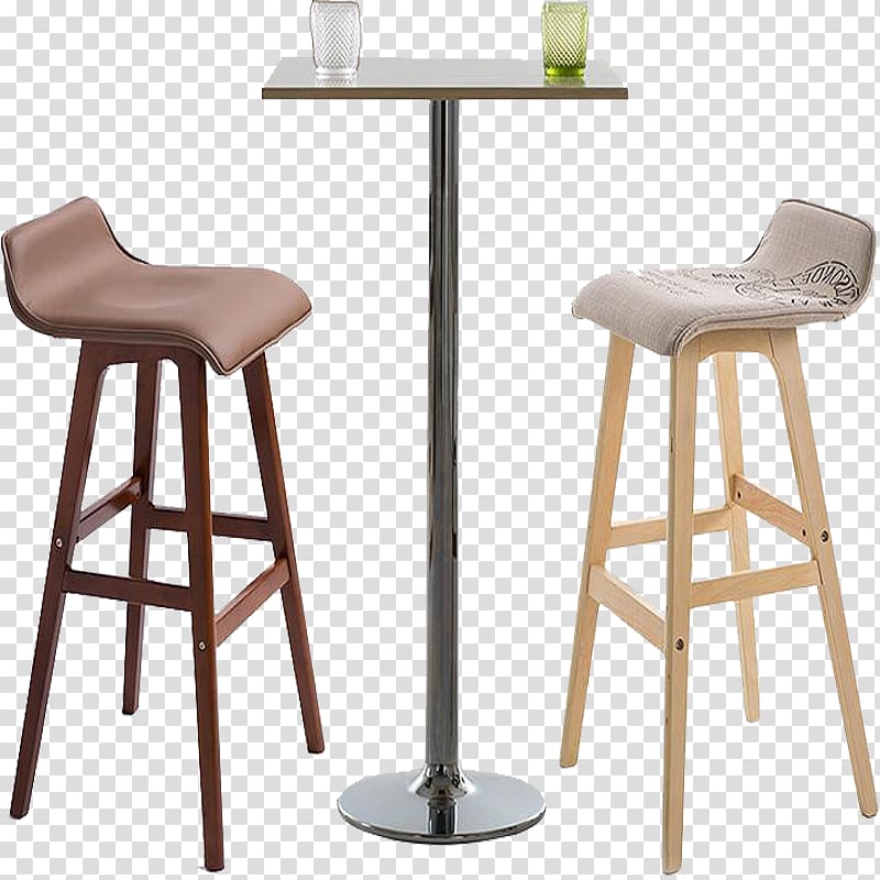 Vacant two bar chairs beside gray bar table with two glasses