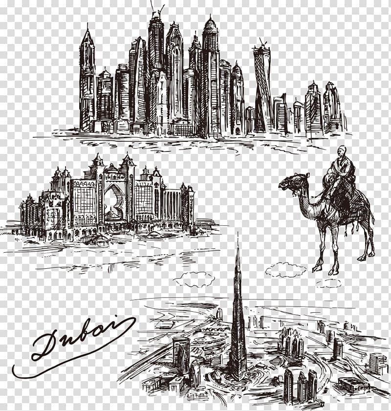 Dubai landmarks illustration, Dubai Drawing Skyline Illustration, Dubai sketch illustration transparent background PNG clipart