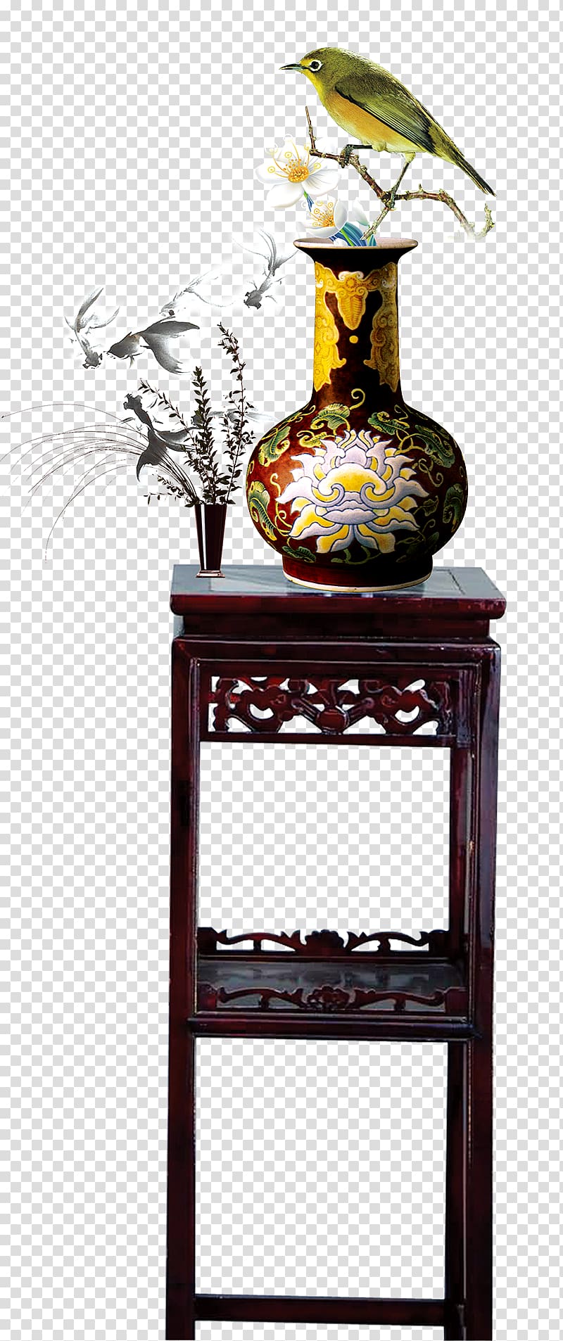 multicolored vase and green bird table decor illustration, Blue and white pottery Vase Icon, Chinese style wooden vase on the table transparent background PNG clipart